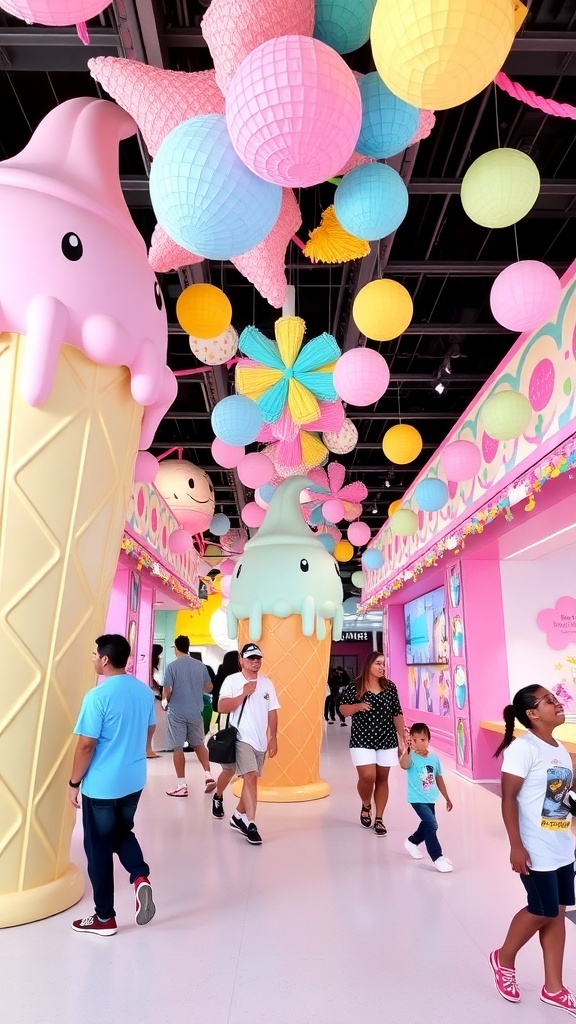Visitors exploring the colorful exhibits of the Ice Cream Museum with oversized ice cream cones.